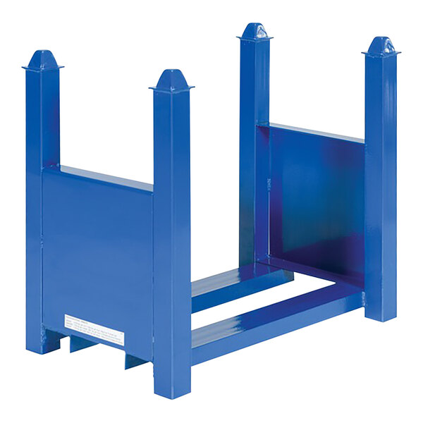 A blue rectangular steel bar cradle with two metal poles.