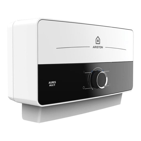 A white and black rectangular Ariston tankless water heater with a dial.