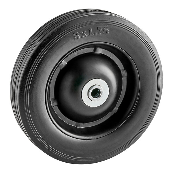 A black Fryclone wheel with a round center and a hole in the center.