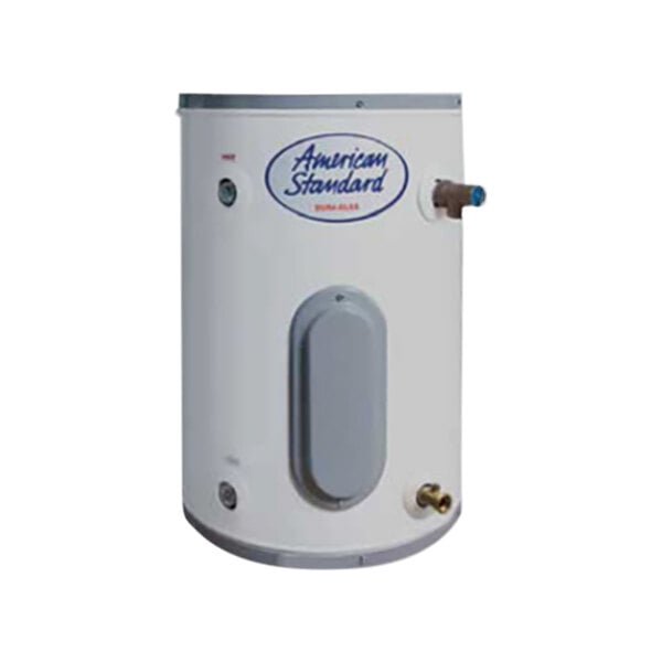 An American Standard electric water heater tank with blue text.