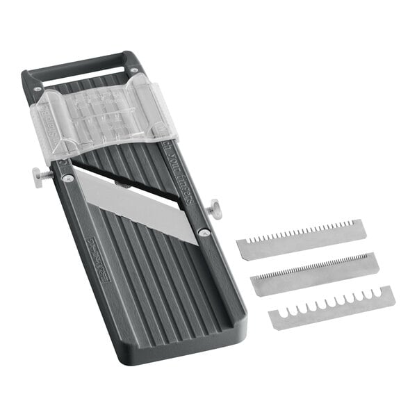 A Japanese mandoline slicer with a finger guard and three interchangeable blades.