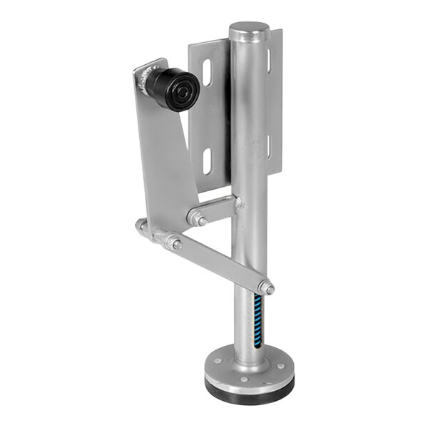 A Vestil steel floor lock with a black metal bracket and handle.