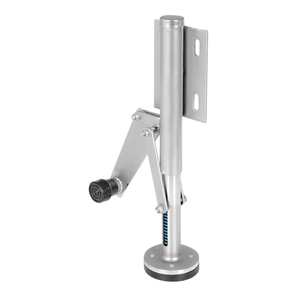 A silver metal Vestil floor lock with a black rubber base and handle.