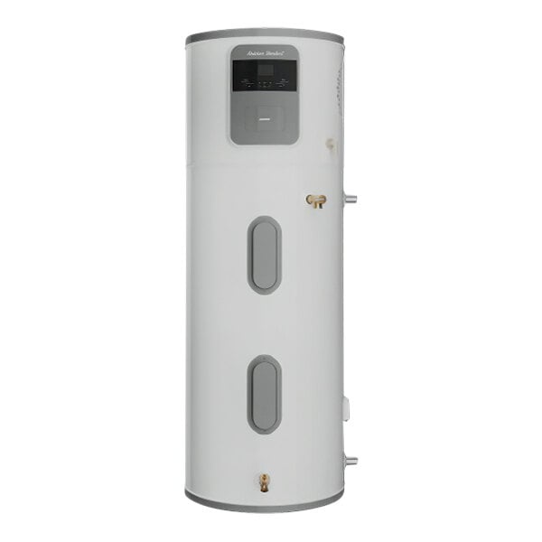 An American Standard white and grey hybrid heat pump electric water heater.