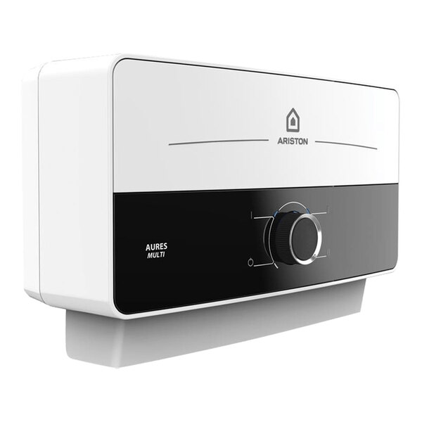 A white and black rectangular Ariston tankless electric water heater with a dial.