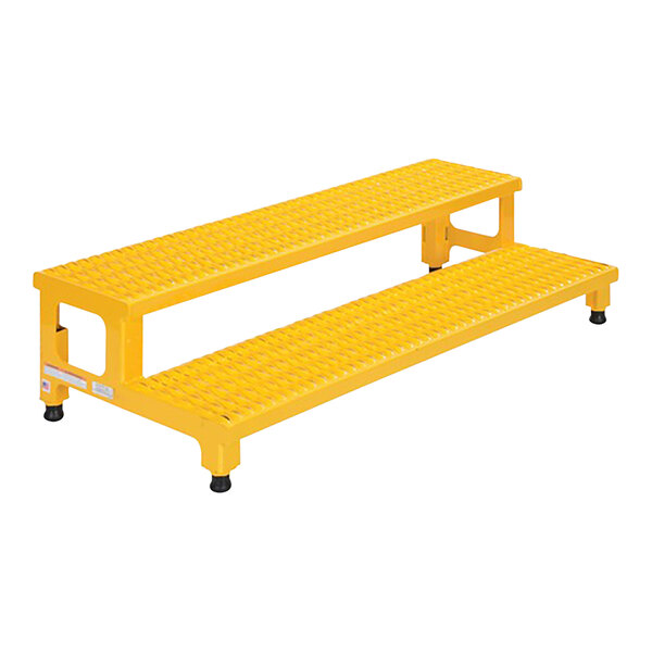 A yellow metal Vestil two-step adjustable step stool.