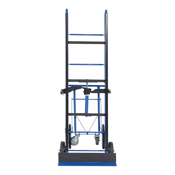 A blue and black Vestil steel appliance hand truck with wheels.