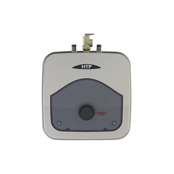 A grey square Everlast mini tank water heater with a black button.