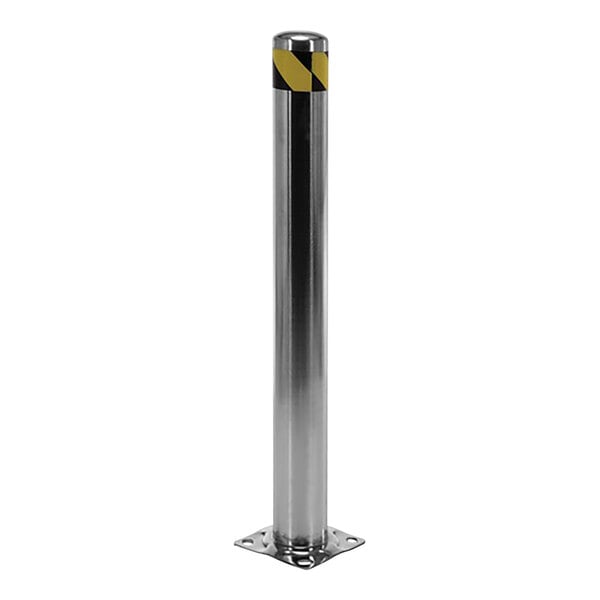 A close-up of a stainless steel safety bollard with a white stripe and black rectangular cap.