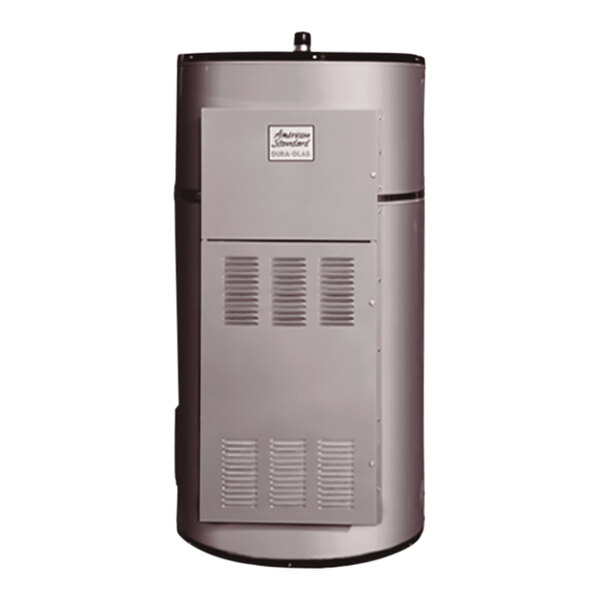 An American Standard grey metal water heater tank with a white rectangular label on the front.