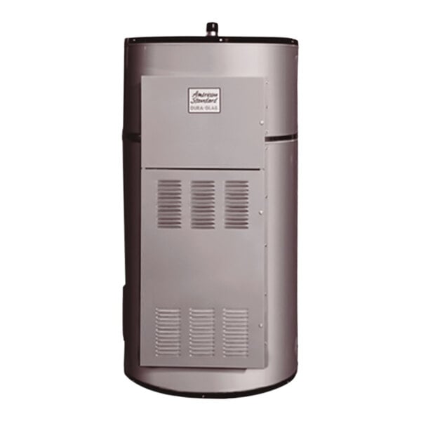 An American Standard heavy-duty electric water heater with a white label and vent.