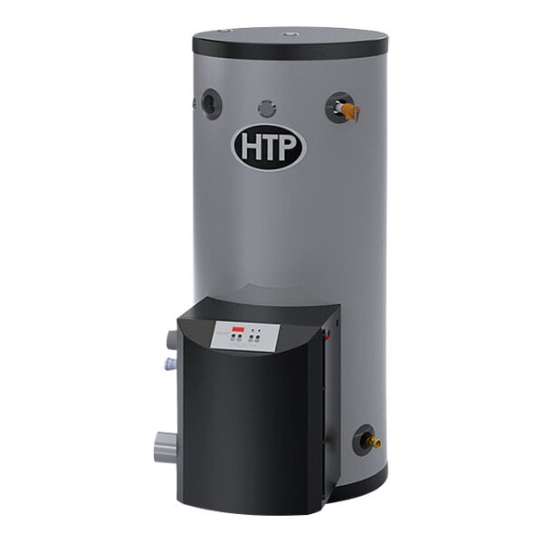 A white and grey HTP Phoenix natural gas water heater.