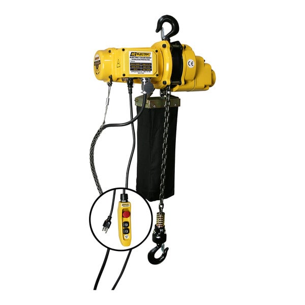 An OZ Lifting electric chain hoist with a yellow hook attached to it.