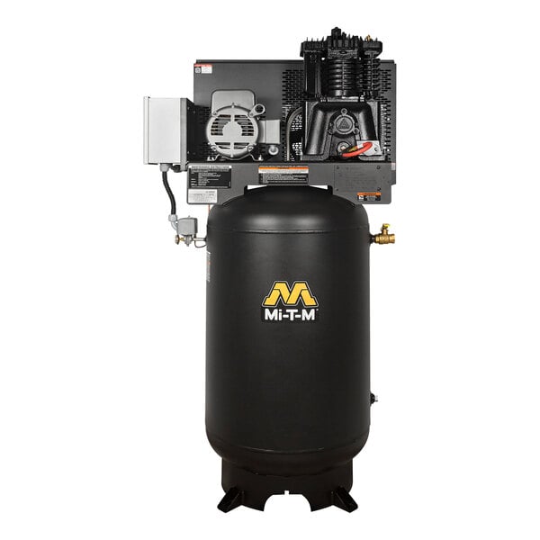 A black Mi-T-M vertical air compressor with a black tank.