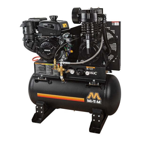 A black air compressor with a yellow stripe.