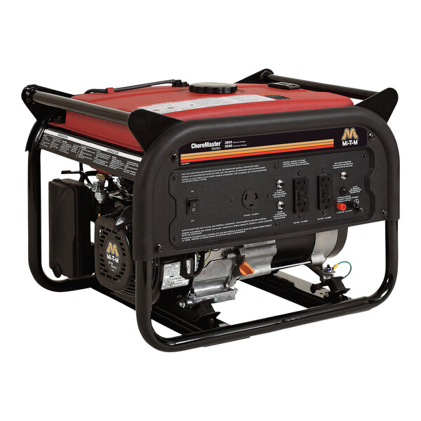 A Mi-T-M gas-powered portable generator with a red cover.