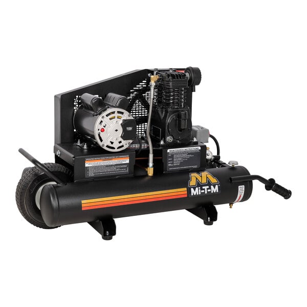 A black Mi-T-M air compressor with red accents and wheels.
