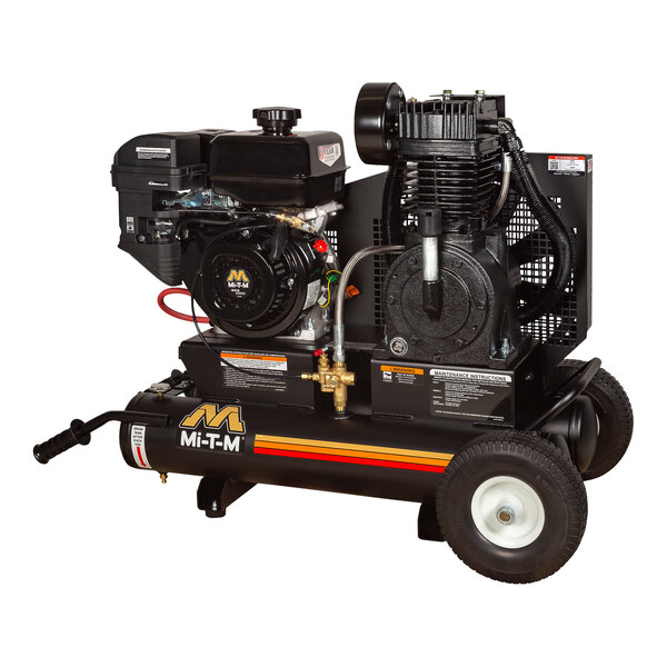 A black Mi-T-M portable gas air compressor with a black engine.