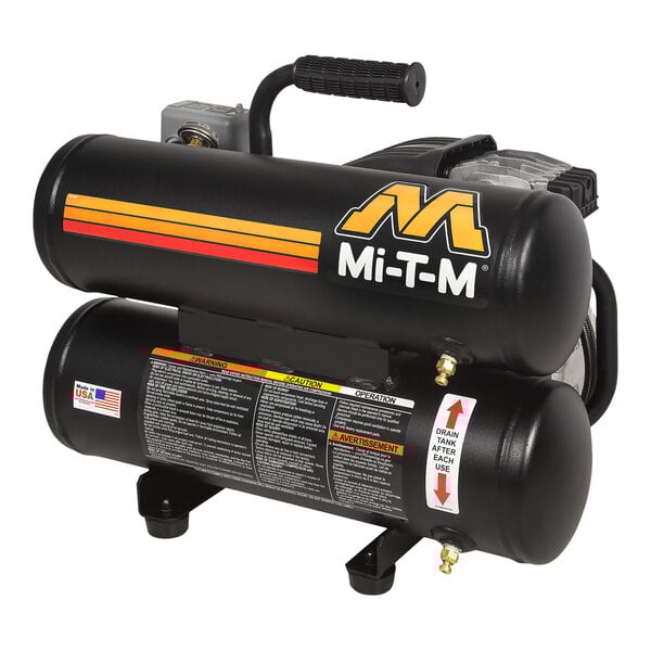 A black Mi-T-M air compressor with two cylinders and a red handle.