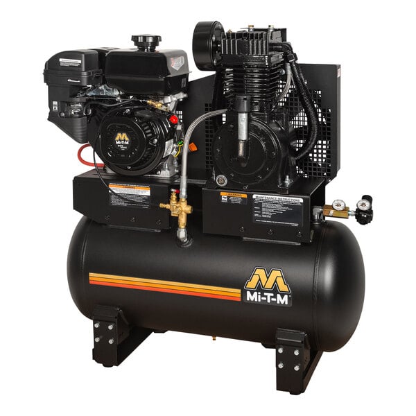 A black Mi-T-M air compressor with a yellow stripe.