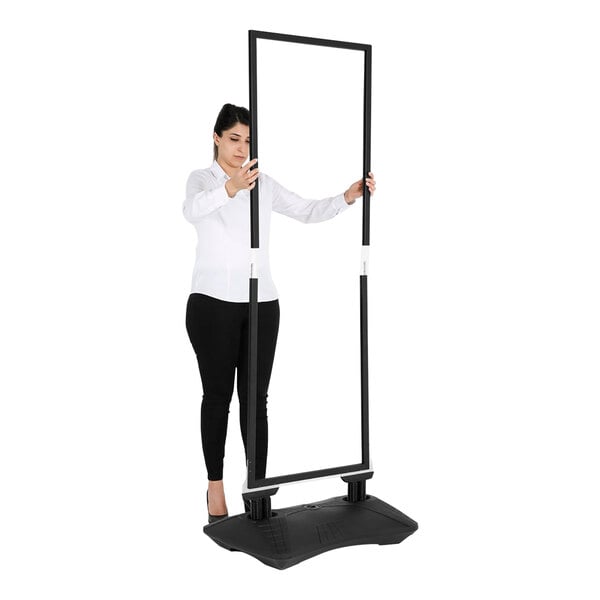 A black MT Displays double-sided slide-in sign board on a black water base.