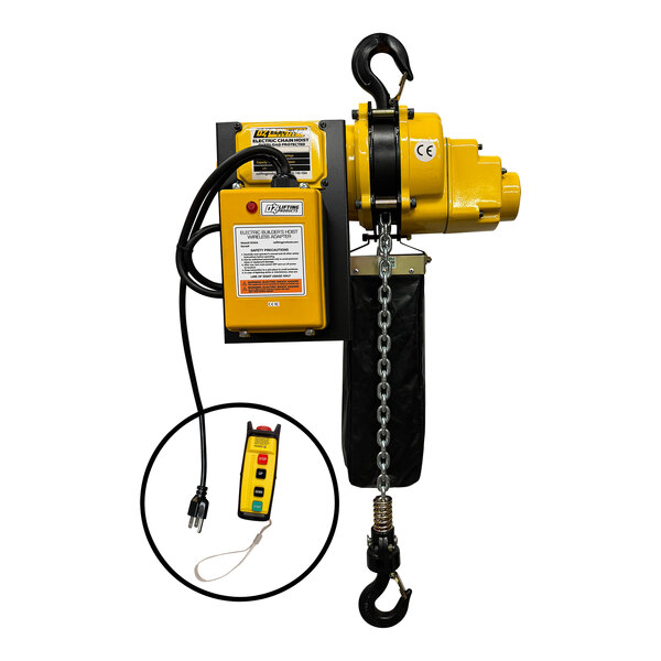 A yellow OZ Lifting electric chain hoist with wireless control.
