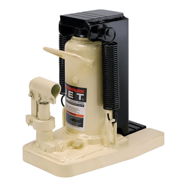 A JET hydraulic toe jack with a white base and black handle.