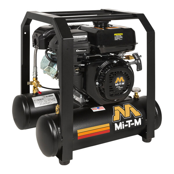 A black Mi-T-M portable air compressor with two cylinders.