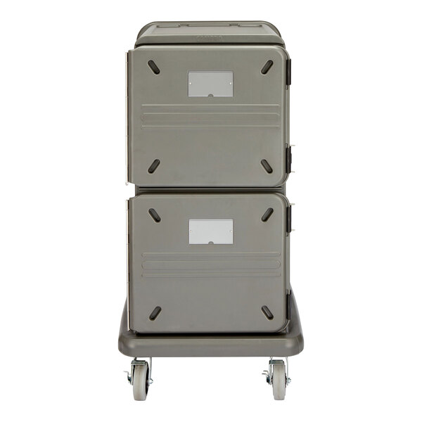 A grey rectangular Cambro Pro Cart Ultra pan carrier on rubber casters.