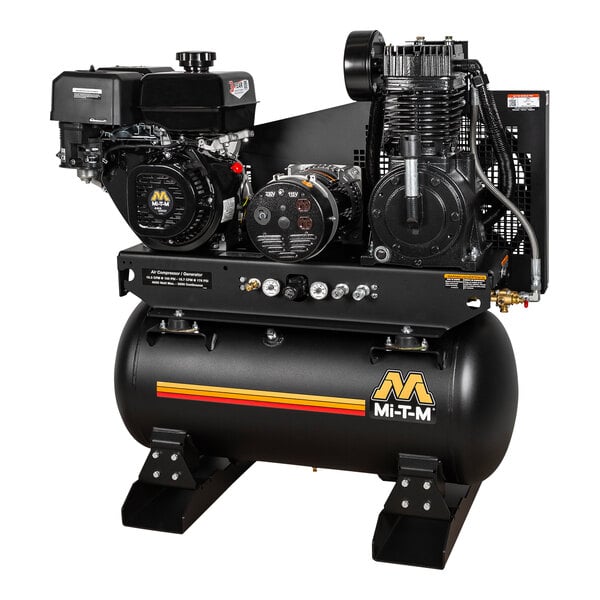 A black Mi-T-M air compressor with a black tank.