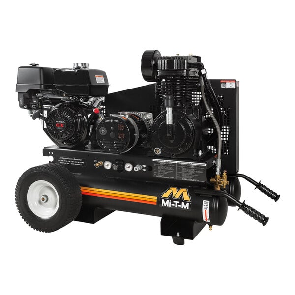 A Mi-T-M portable gas-powered air compressor with wheels and an engine.