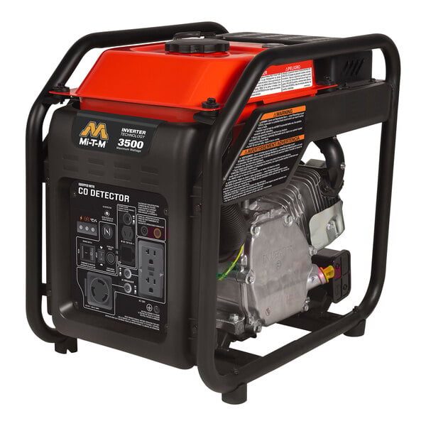A close-up of a Mi-T-M portable inverter generator with a black and orange engine.