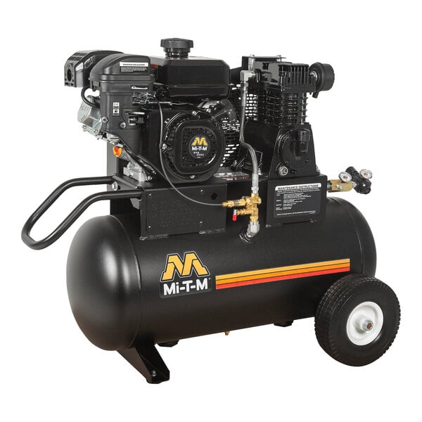 A black and yellow Mi-T-M portable gas-powered air compressor.