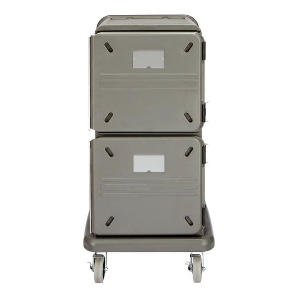 A grey Cambro Pro Cart Ultra pan carrier on wheels.