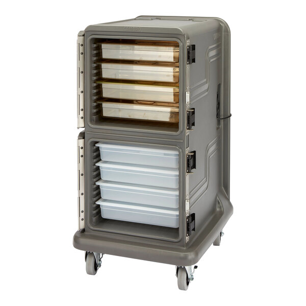 A charcoal gray Cambro food pan carrier with a security package and rubber casters.