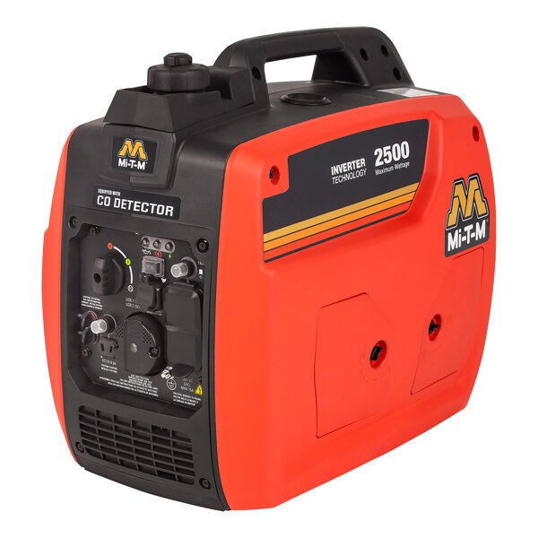 A red and black Mi-T-M portable inverter generator.