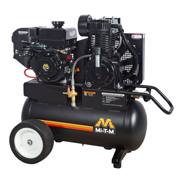 A black Mi-T-M portable gas-powered air compressor with wheels.