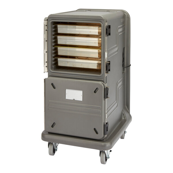 A tall charcoal gray Cambro Pro Cart Ultra with two active hot compartments and trays inside.