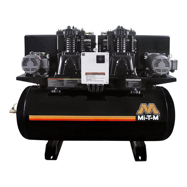A black and orange Mi-T-M air compressor with two motors.