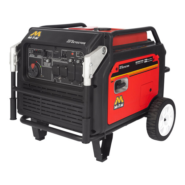 A red and black Mi-T-M portable inverter generator on wheels.