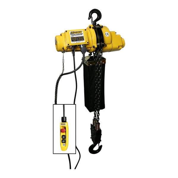An OZ Lifting yellow electric chain hoist with power cord and remote control.