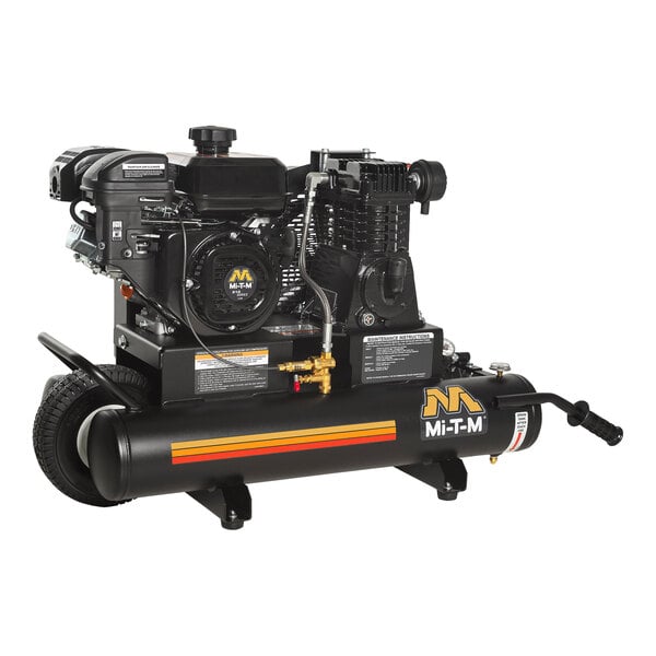 A black air compressor with a black cylinder on a white background.