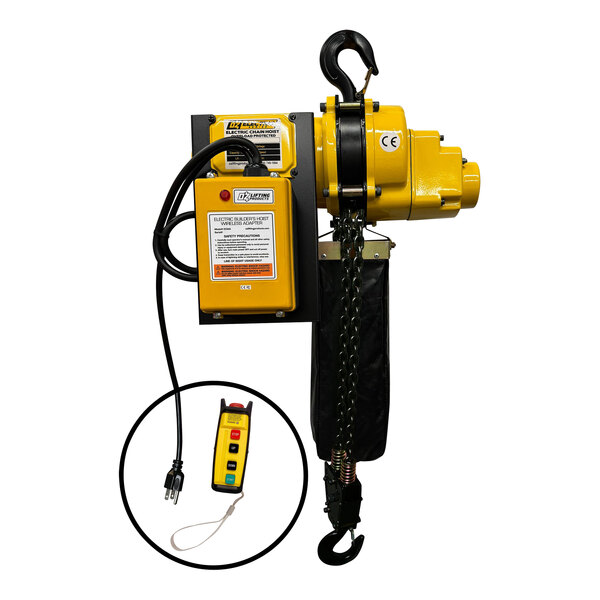 A yellow OZ Lifting electric chain hoist with a remote control.