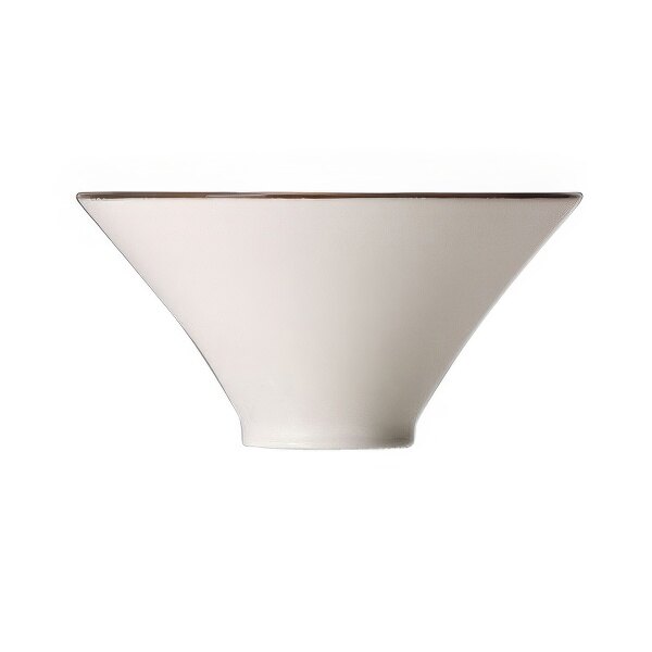 A white bowl with brown stripes on the edges.