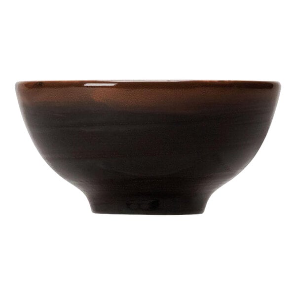 A brown Steelite Koto bowl with a black rim.