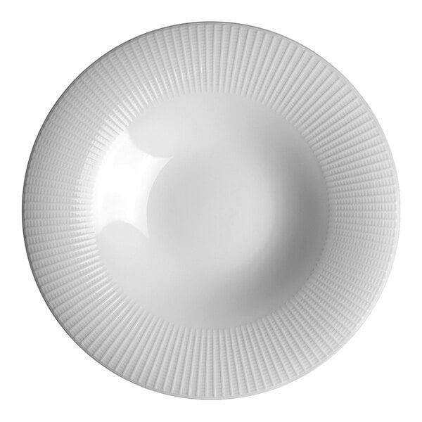 A white Steelite Distinction Willow coupe bowl with a spiral pattern on the rim.