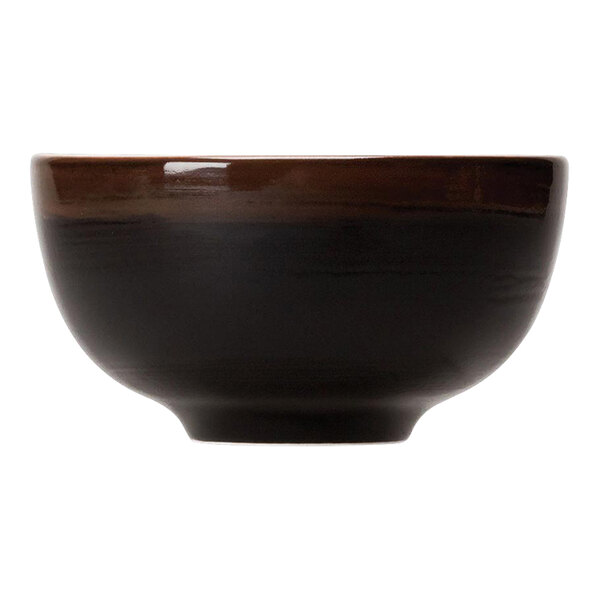 A close up of a Steelite Koto black and brown bowl.