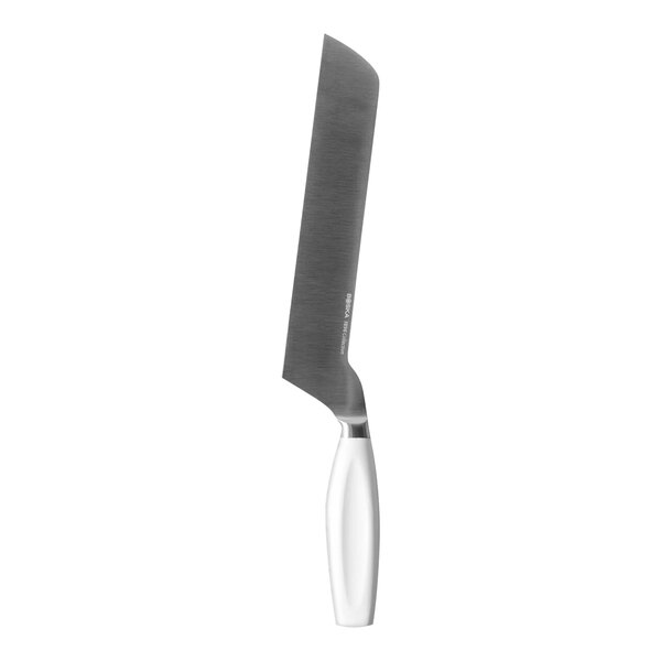 A Boska stainless steel cheese knife with a white handle.