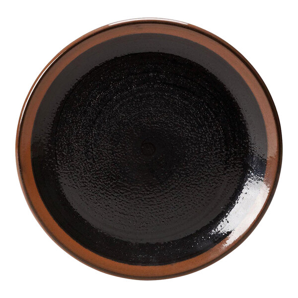 A black and brown Steelite Koto coupe plate with a rim.