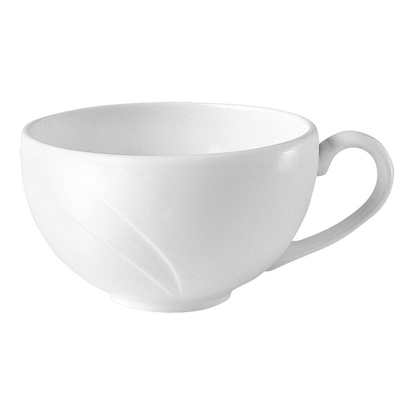 A close-up of a Steelite white low cup with a handle.